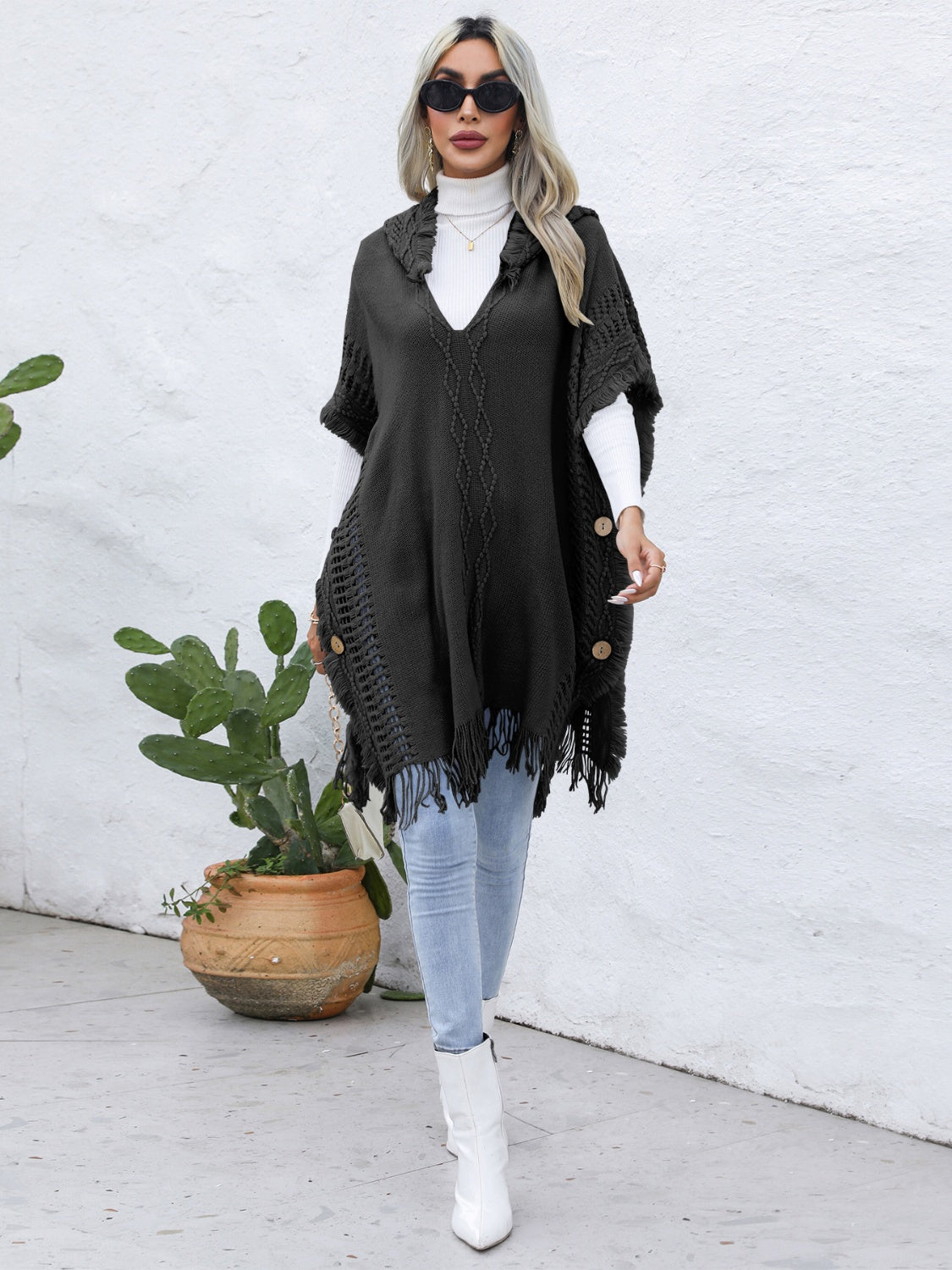 Fringe Trim Buttoned Hooded Poncho - Black / One Size