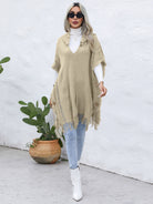 Fringe Trim Buttoned Hooded Poncho - Khaki / One Size