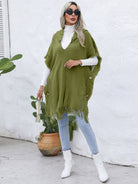 Fringe Trim Buttoned Hooded Poncho - Matcha Green / One Size