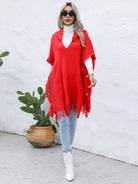 Fringe Trim Buttoned Hooded Poncho - Red / One Size