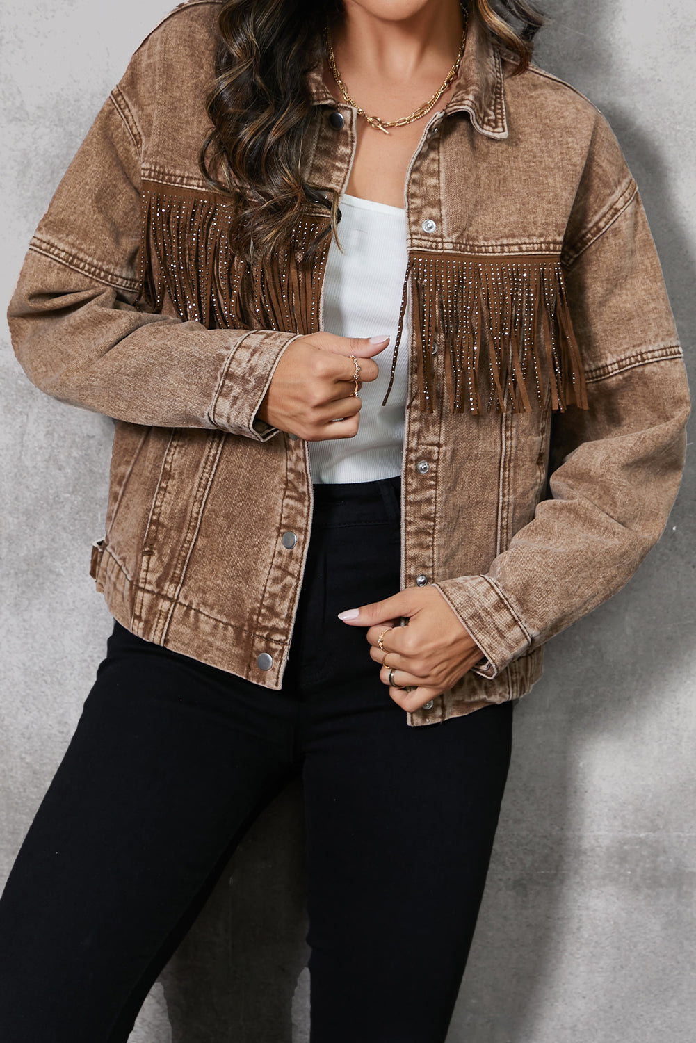 Fringe Trim Snap Down Denim Jacket - Taupe / S