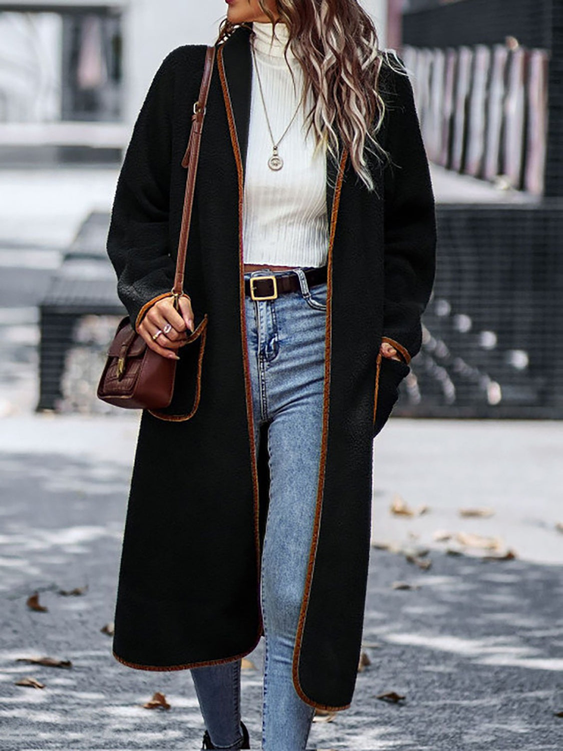 Full Size Contrast Trim Long Sleeve Coat with Pockets - Black / S