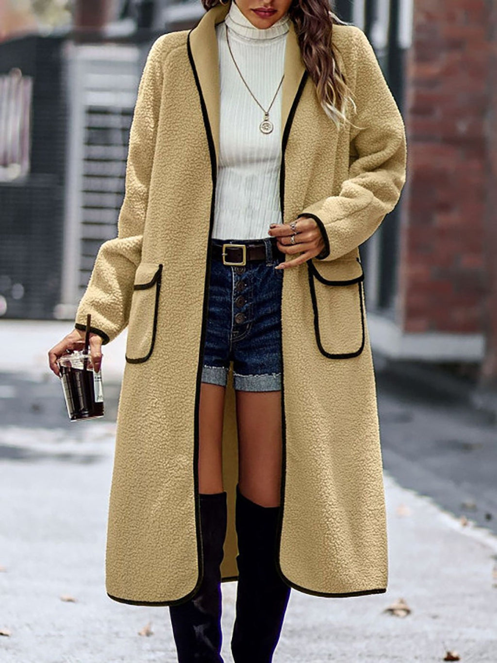 Full Size Contrast Trim Long Sleeve Coat with Pockets - Camel / S