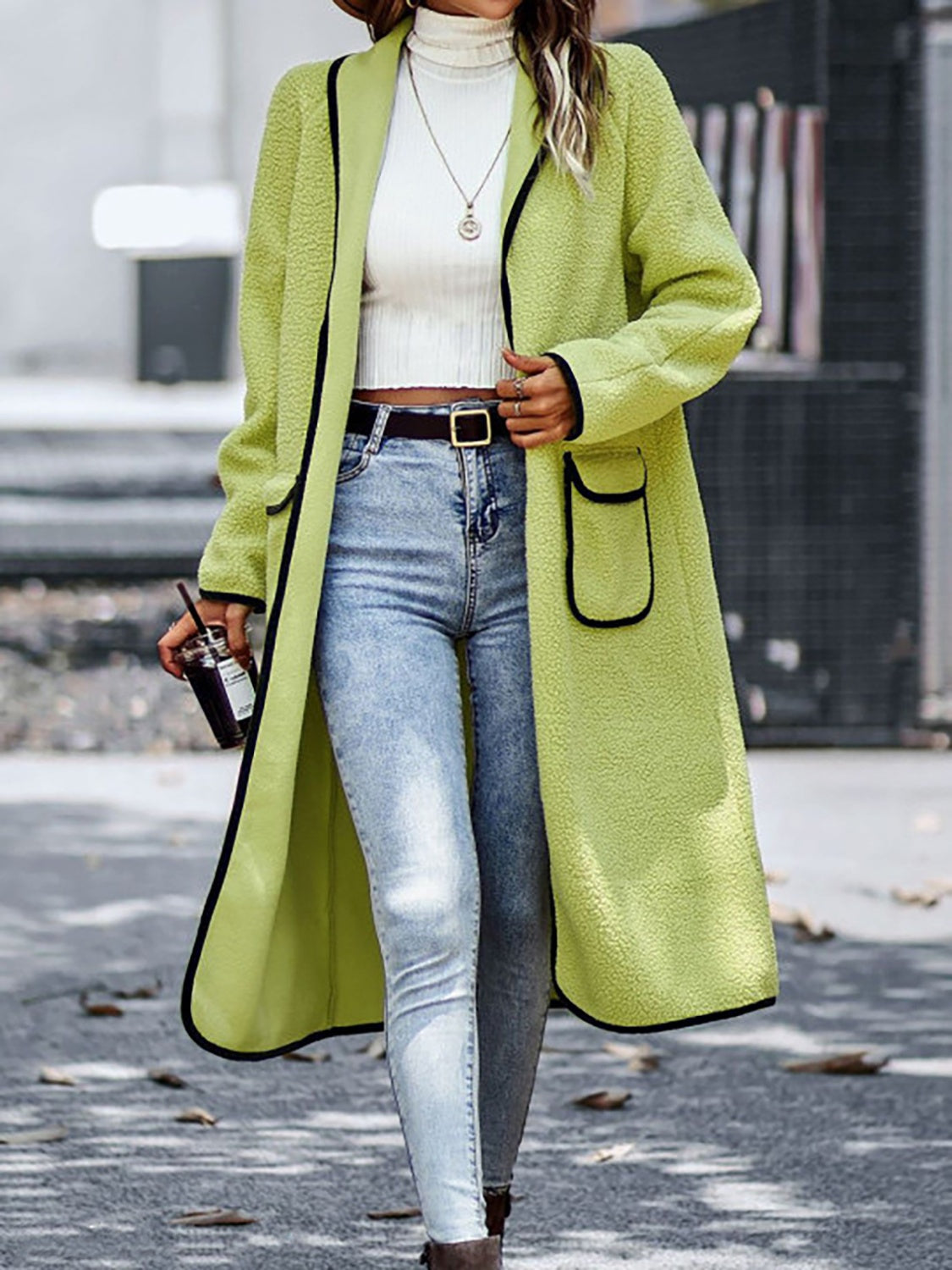 Full Size Contrast Trim Long Sleeve Coat with Pockets - Lime / S