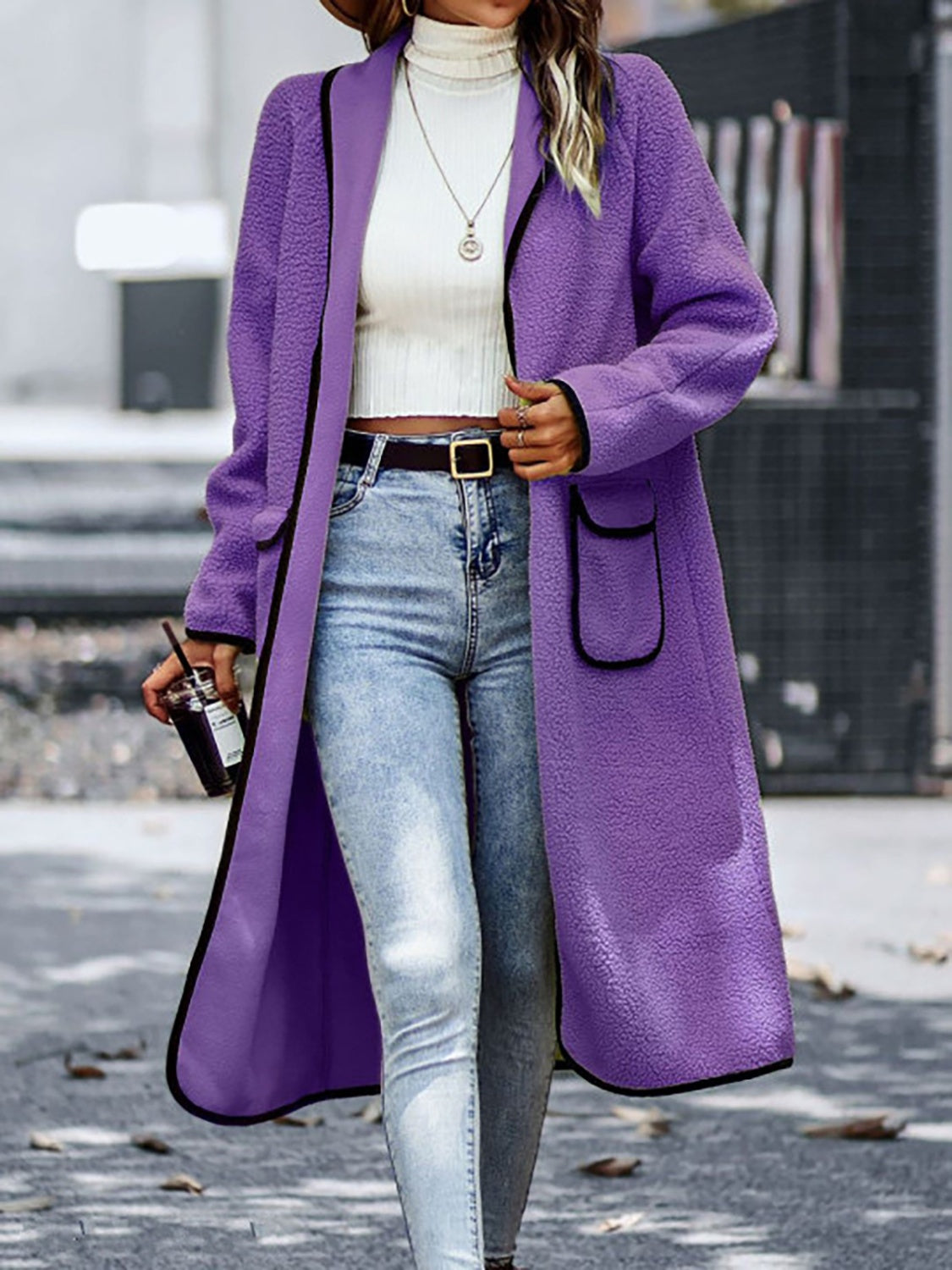 Full Size Contrast Trim Long Sleeve Coat with Pockets - Purple / S