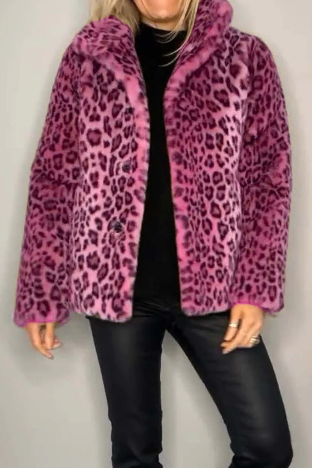 Full Size Leopard Furry Collared Neck Long Sleeve Coat - Brown / S