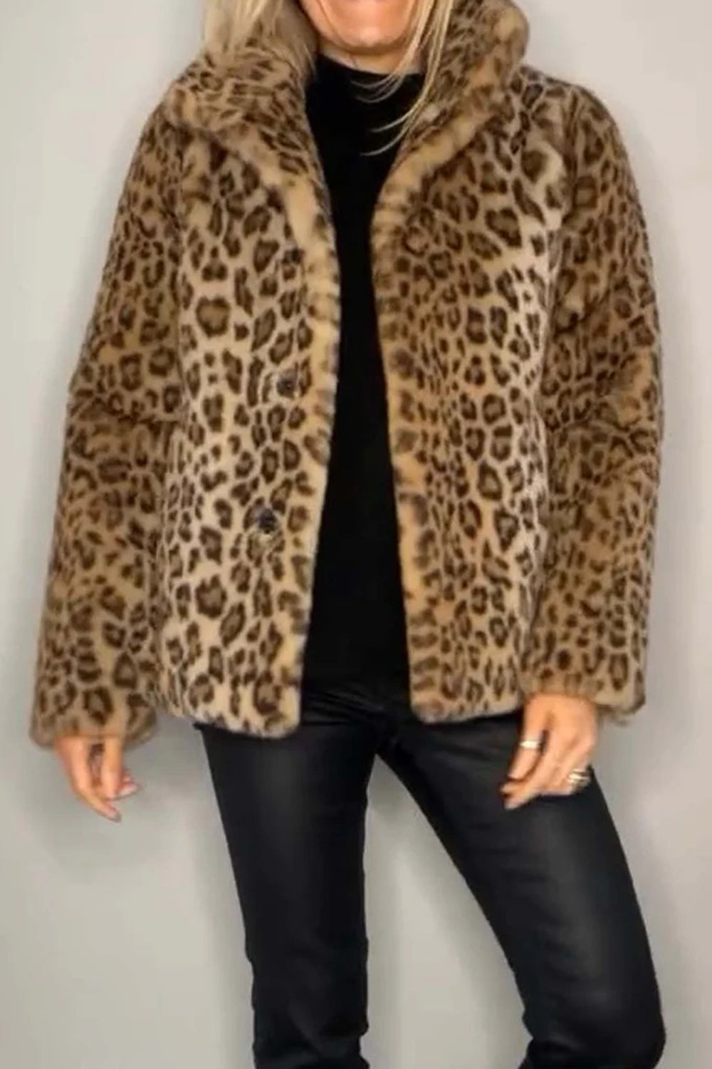Full Size Leopard Furry Collared Neck Long Sleeve Coat - Camel / S