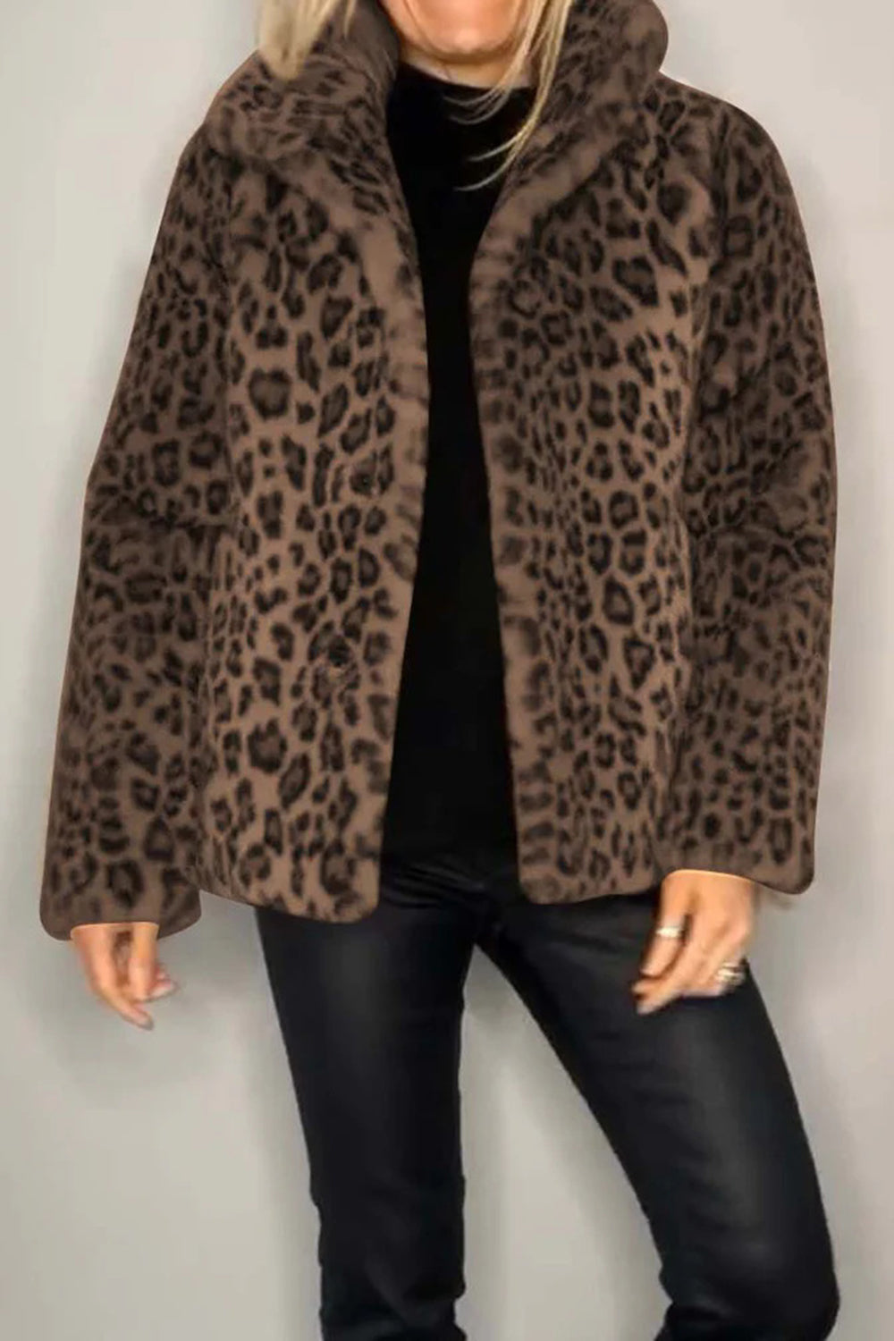 Full Size Leopard Furry Collared Neck Long Sleeve Coat - Cerise / S