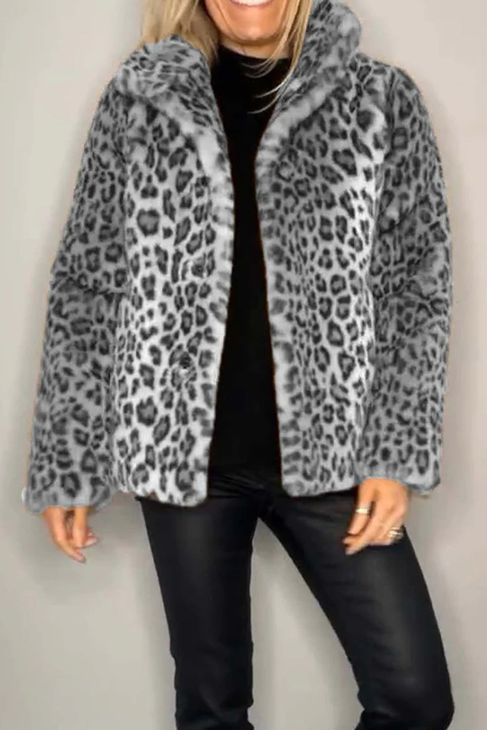 Full Size Leopard Furry Collared Neck Long Sleeve Coat - Gray / S