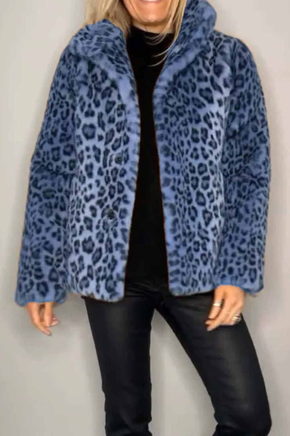 Full Size Leopard Furry Collared Neck Long Sleeve Coat - Royal Blue / S