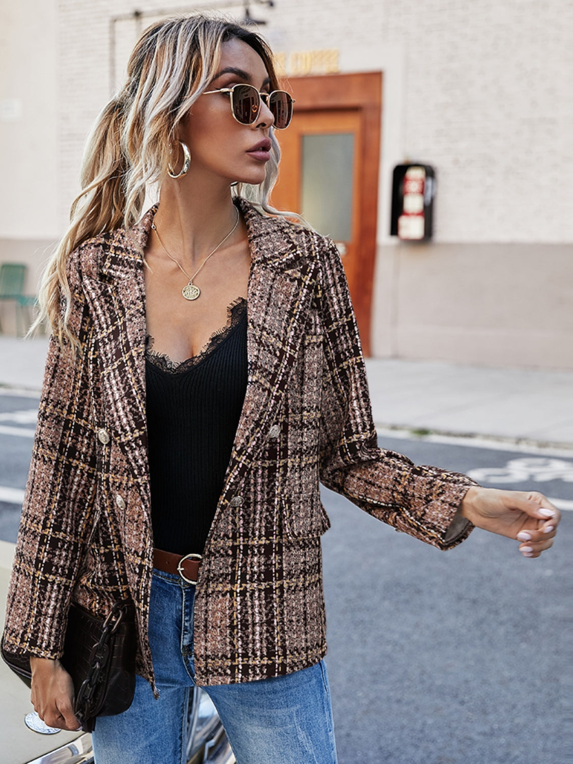 Full Size Plaid Lapel Collar Blazer - Brown / S