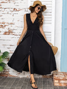 Full Size Slit V-Neck Sleeveless Midi Dress - Black / S