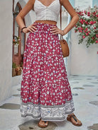 Full Size Tiered Printed Elastic Waist Skirt - Cerise / S