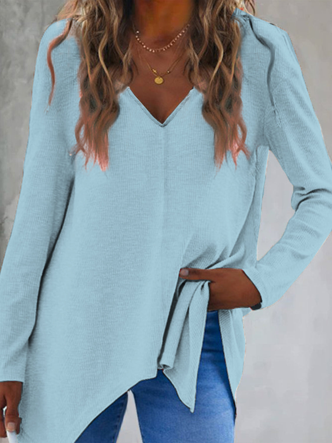 Full Size V-Neck Long Sleeve T-Shirt - Pastel Blue / S