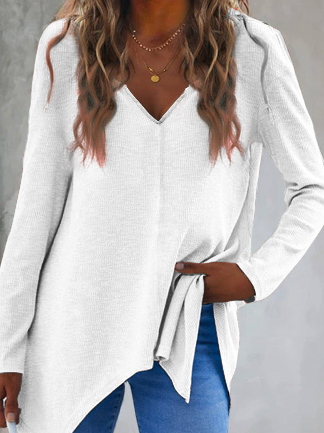 Full Size V-Neck Long Sleeve T-Shirt - White / S