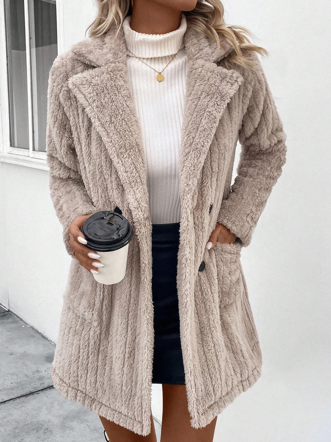 Fuzzy Button Up Long Sleeve Coat with Pockets - Dust Storm / S