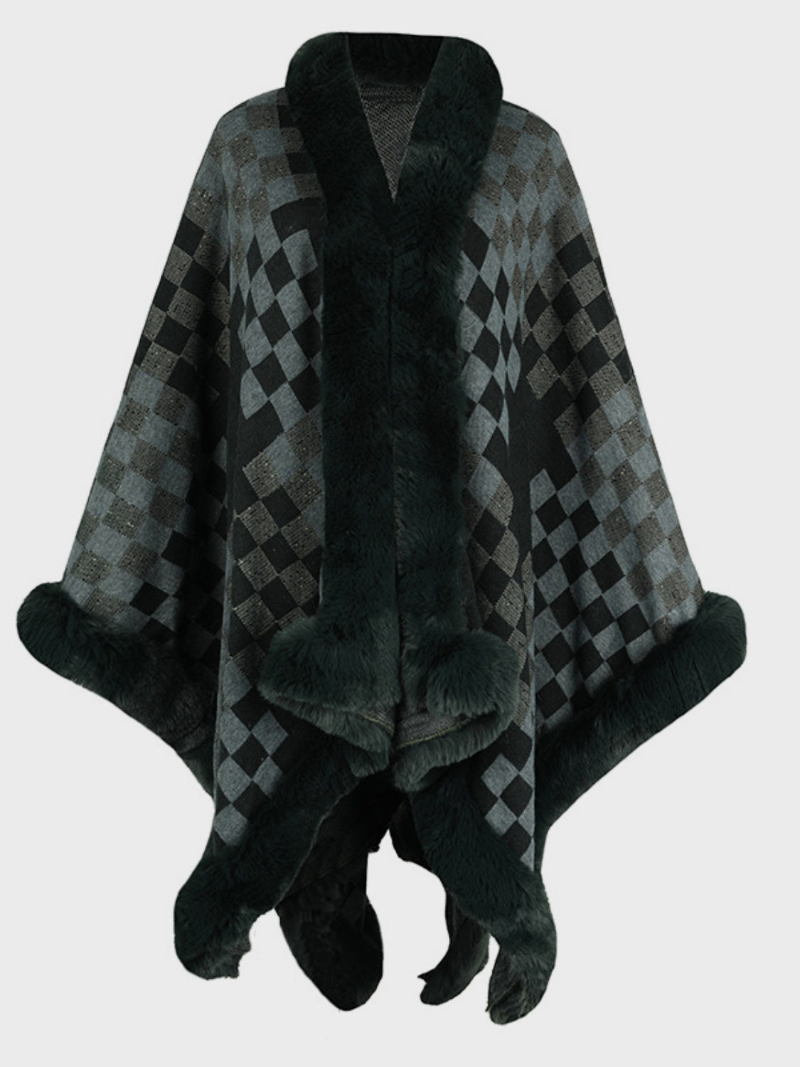 Fuzzy Checkered Long Sleeve Poncho - Black Forest / One Size