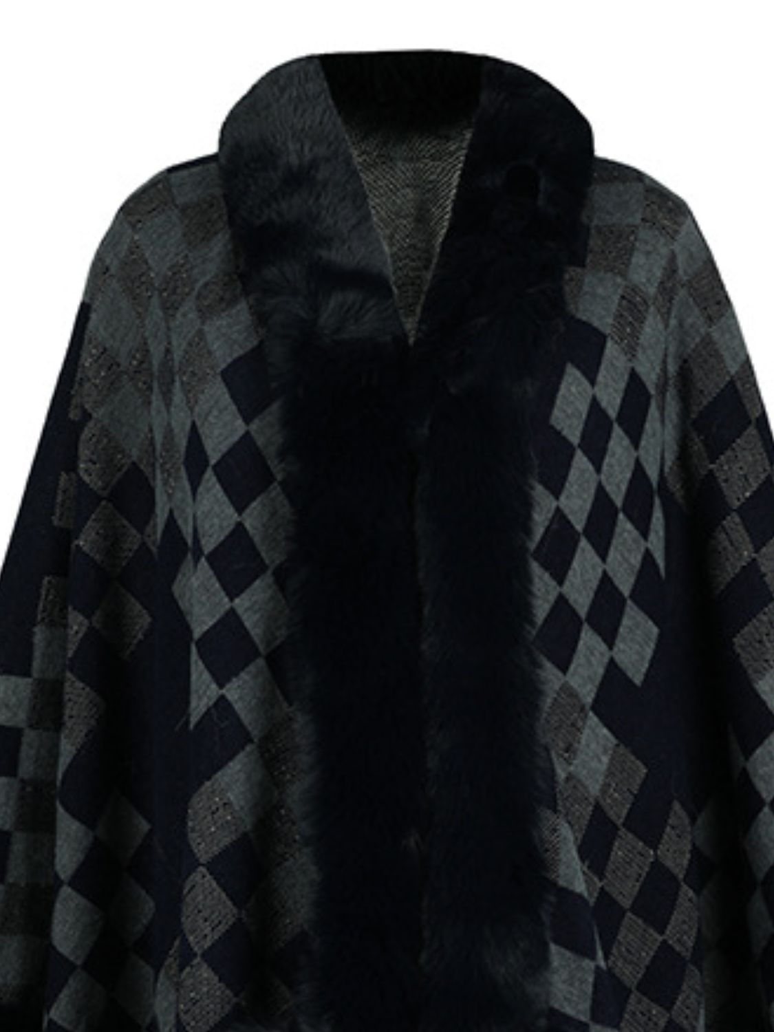 Fuzzy Checkered Long Sleeve Poncho - Dark Navy / One Size