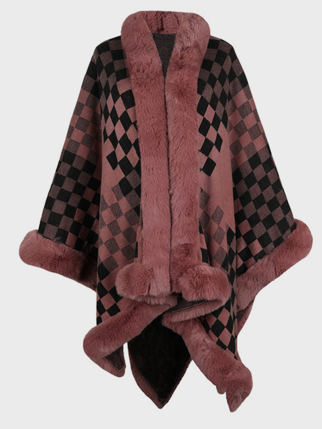 Fuzzy Checkered Long Sleeve Poncho - Dusty Pink / One Size