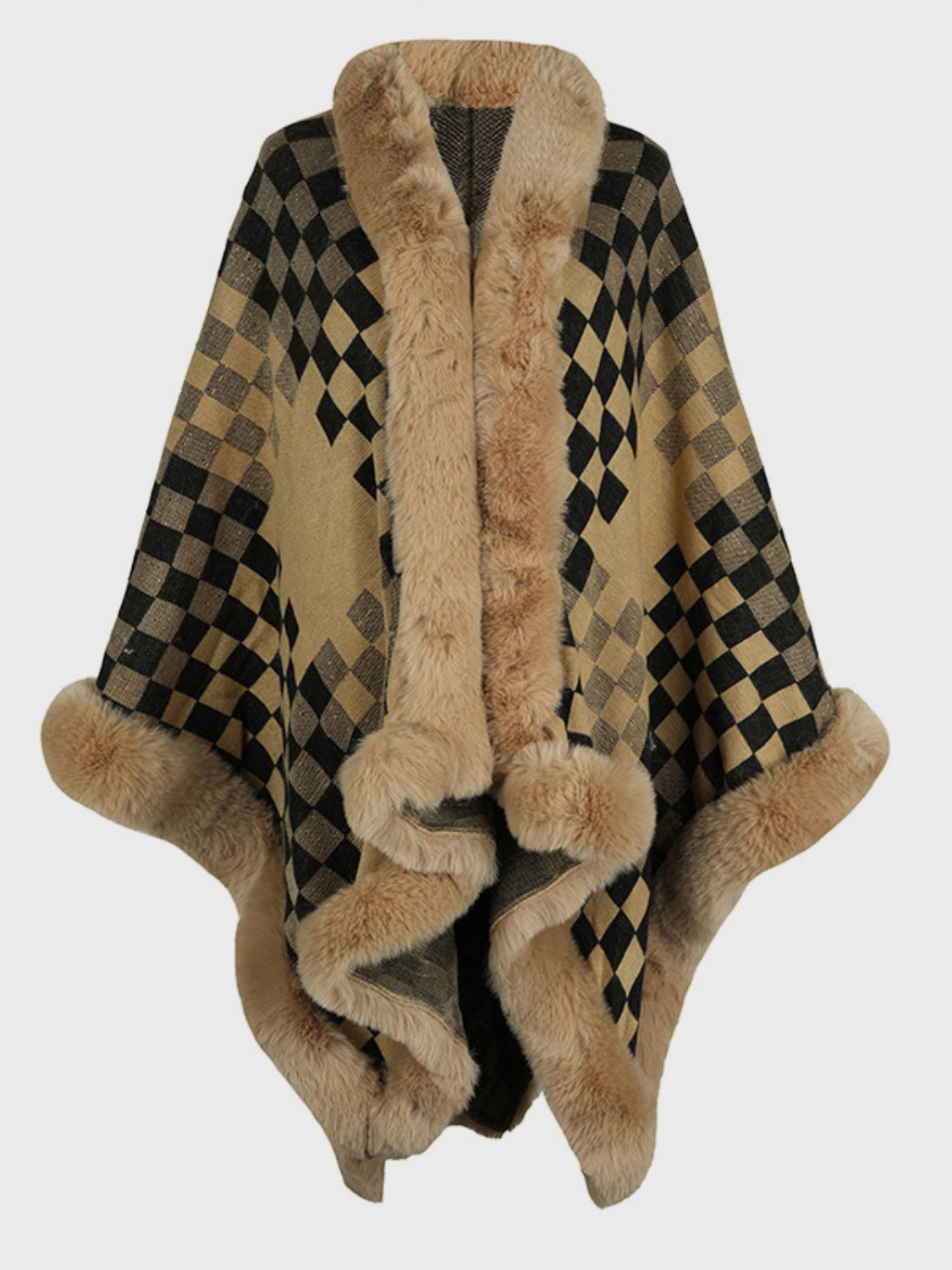 Fuzzy Checkered Long Sleeve Poncho - Tan / One Size