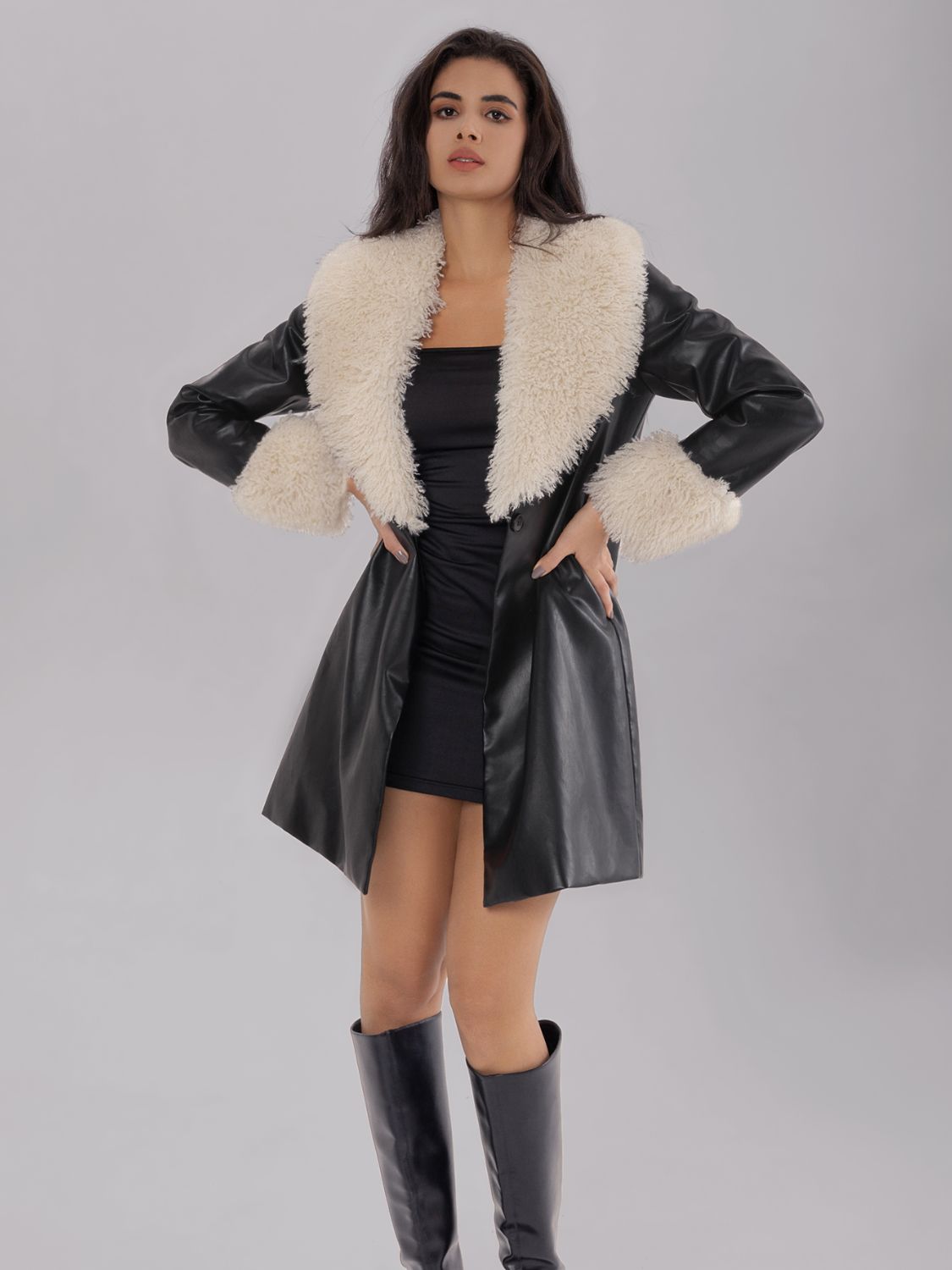 Fuzzy Collar & Leather Long Coat