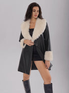 Fuzzy Collar & Leather Long Coat