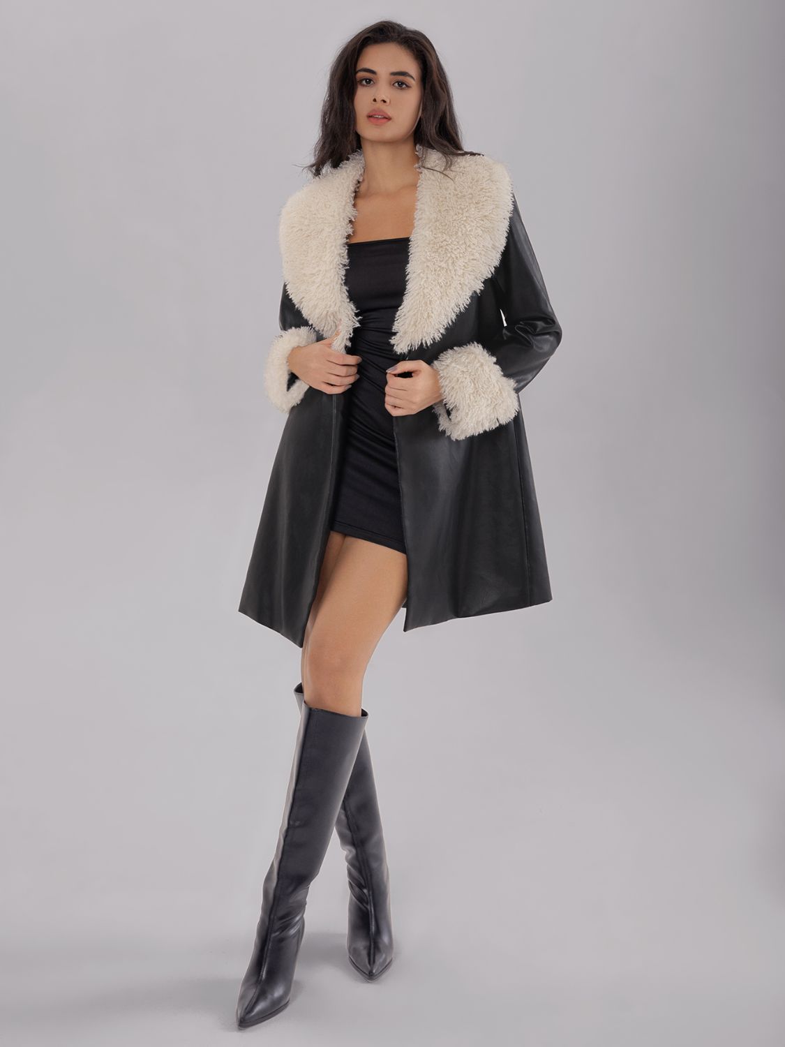 Fuzzy Collar & Leather Long Coat