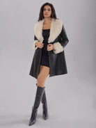 Fuzzy Collar & Leather Long Coat