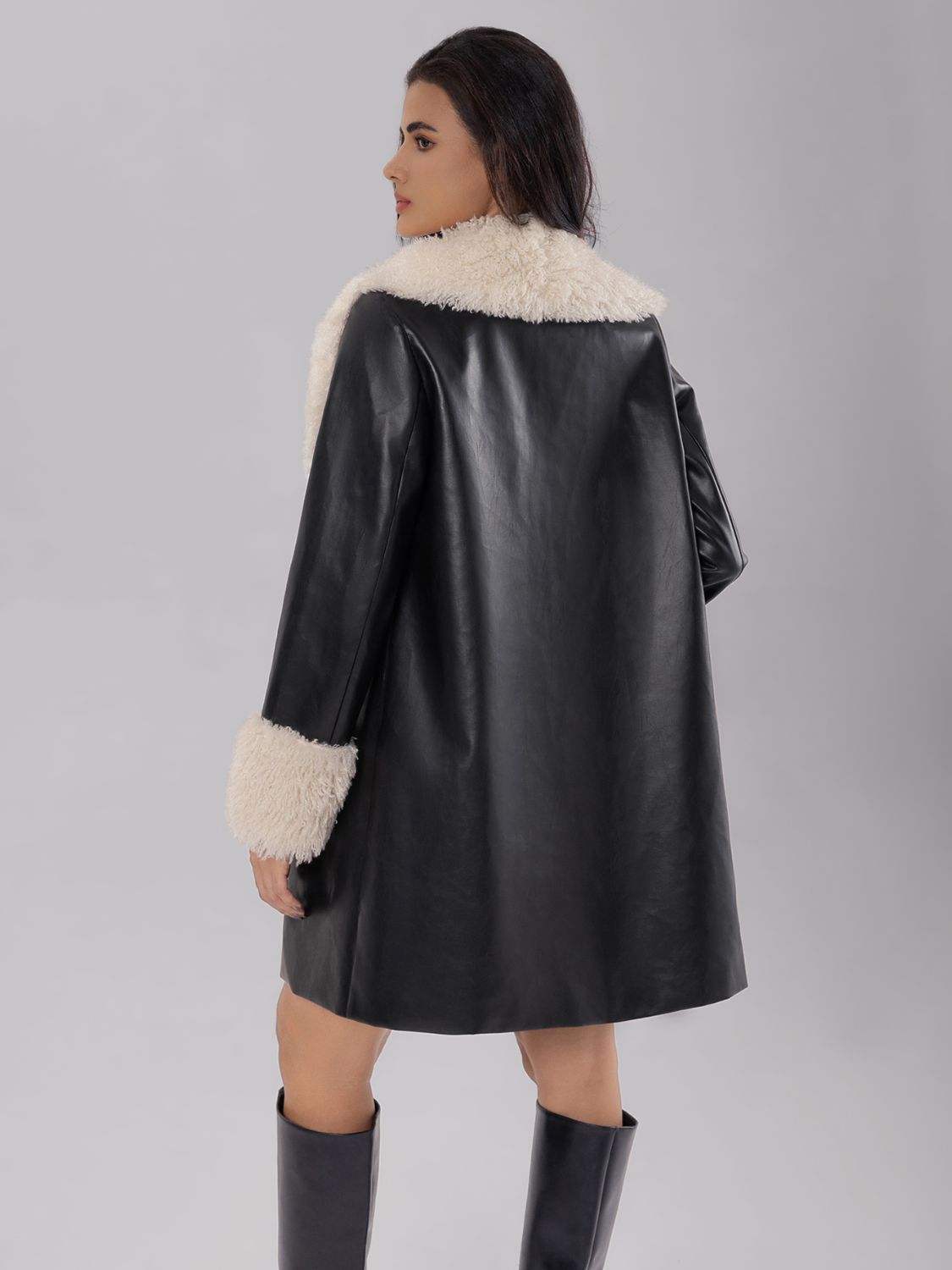 Fuzzy Collar & Leather Long Coat