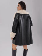 Fuzzy Collar & Leather Long Coat