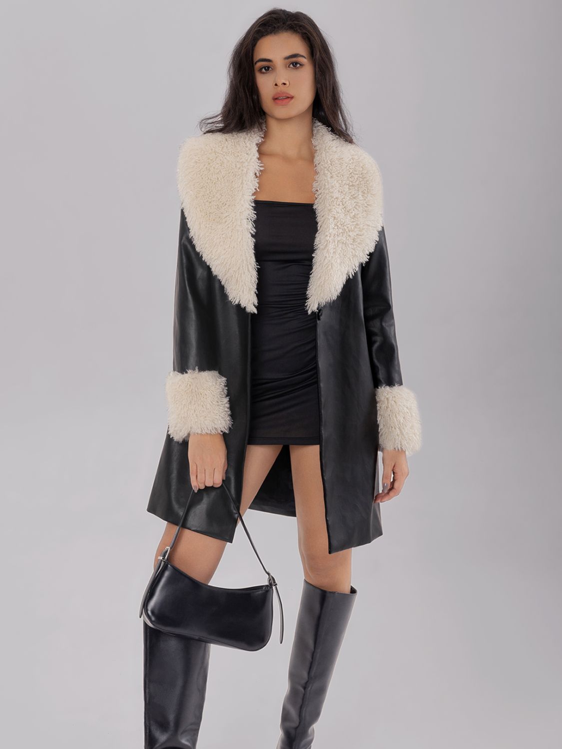 Fuzzy Collar & Leather Long Coat