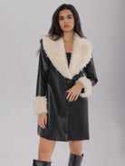 Fuzzy Collar & Leather Long Coat