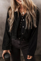 Fuzzy Collared Neck Button Down Jacket - Black / S