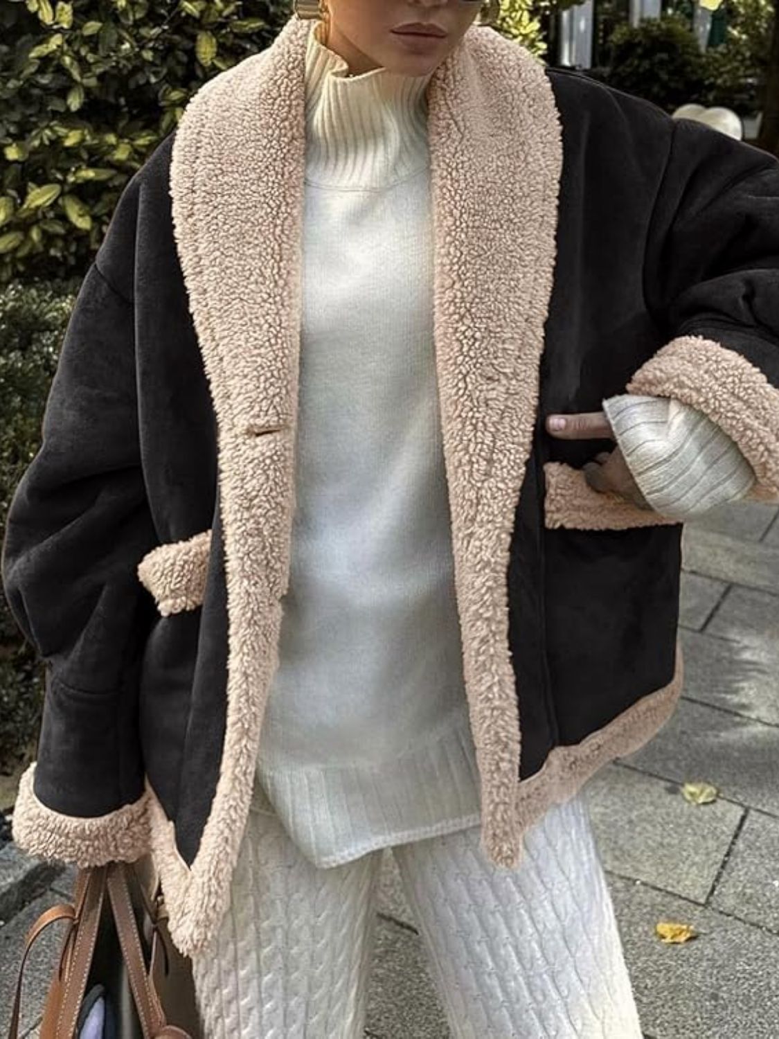 Fuzzy Collared Neck Long Sleeve Jacket - Black / S