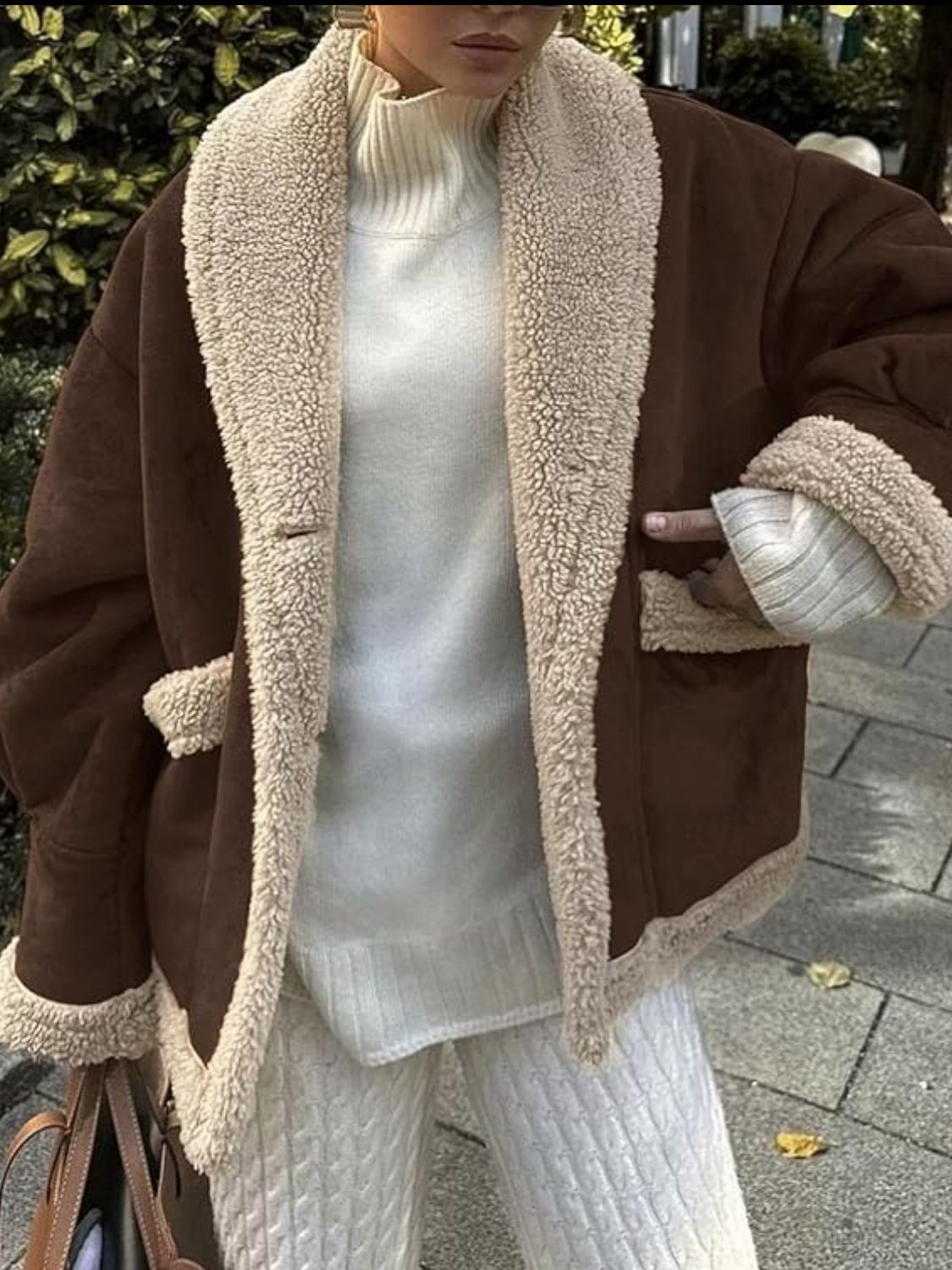 Fuzzy Collared Neck Long Sleeve Jacket - Brown / S