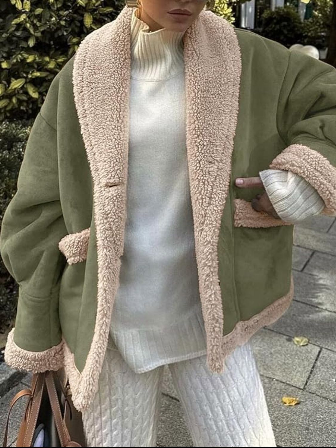 Fuzzy Collared Neck Long Sleeve Jacket - Moss / S