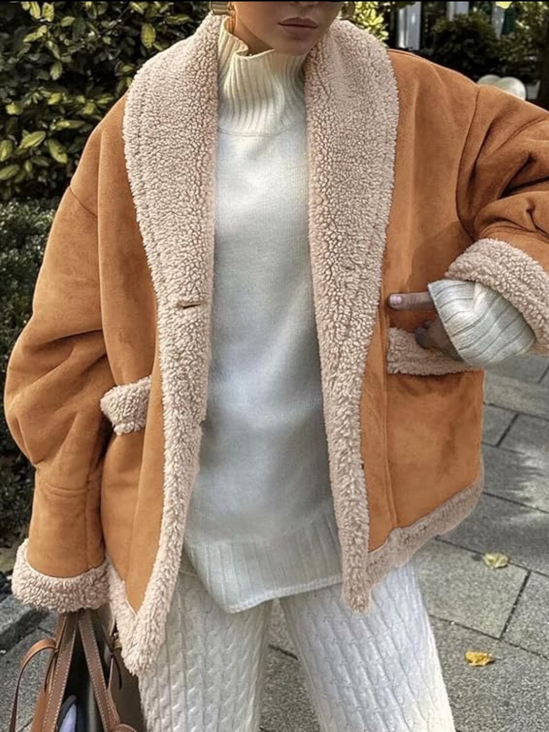 Fuzzy Collared Neck Long Sleeve Jacket - Ochre / S