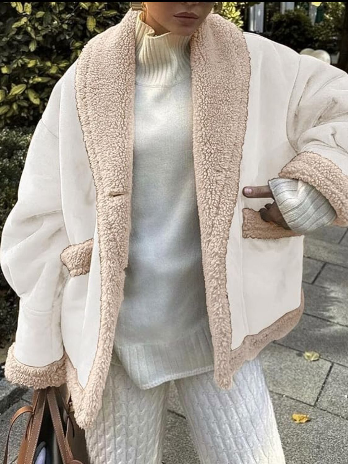Fuzzy Collared Neck Long Sleeve Jacket - White / S