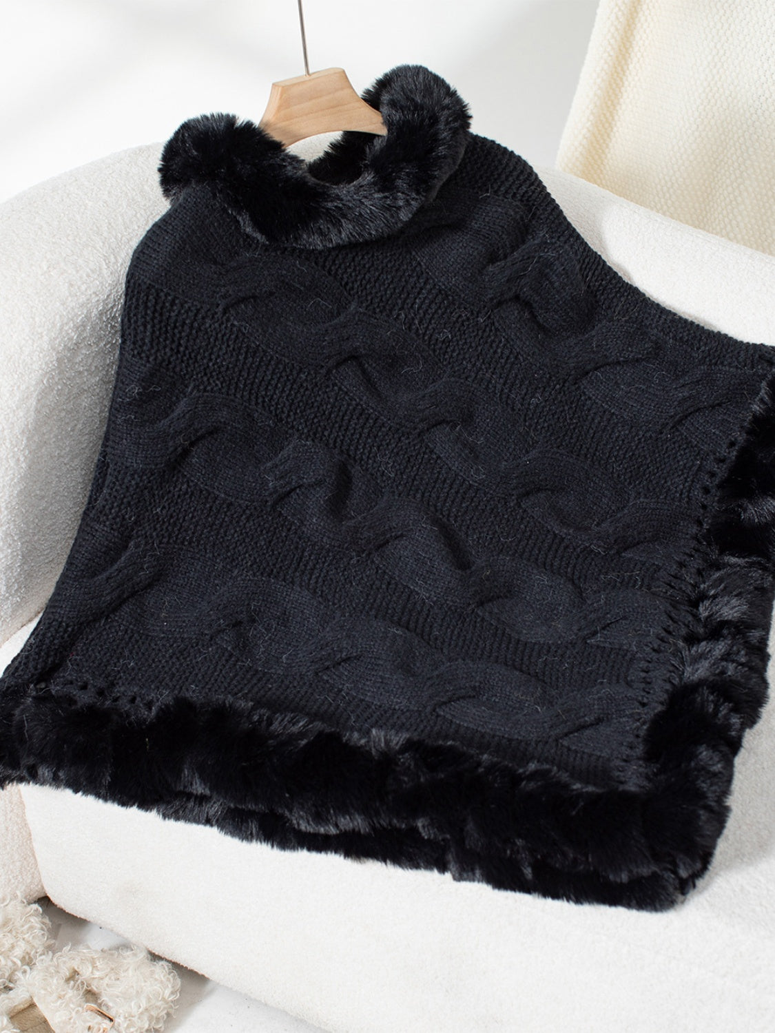 Fuzzy Hem Cable-Knit Poncho - Black / One Size