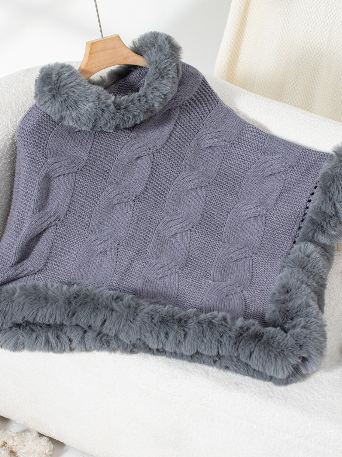 Fuzzy Hem Cable-Knit Poncho - Dark Gray / One Size