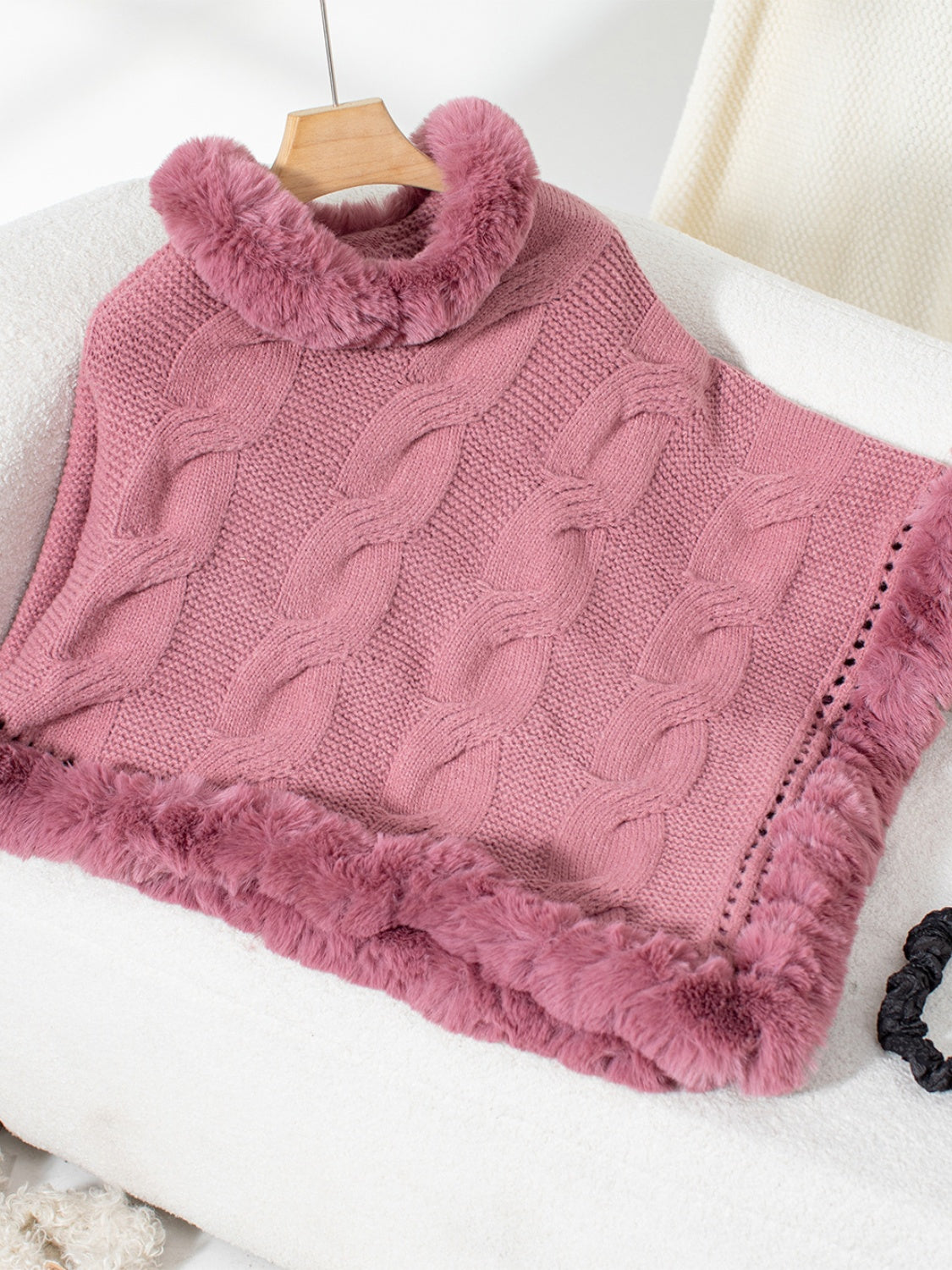 Fuzzy Hem Cable-Knit Poncho - Dusty Pink / One Size