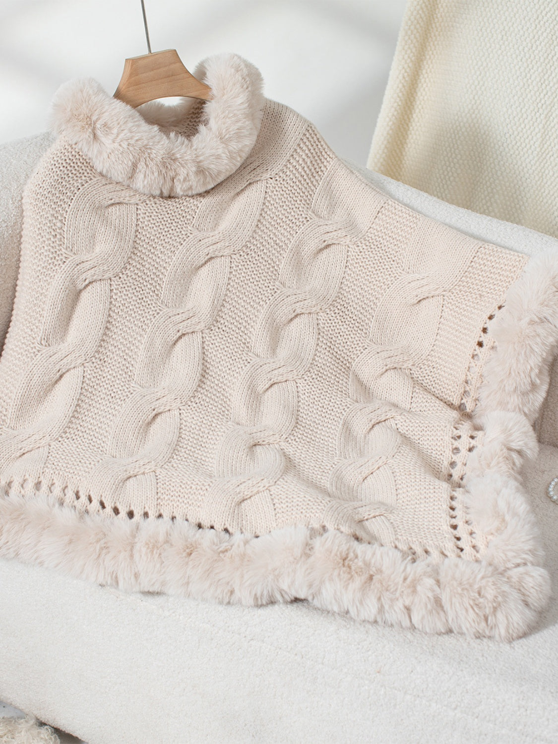 Fuzzy Hem Cable-Knit Poncho - Eggshell / One Size