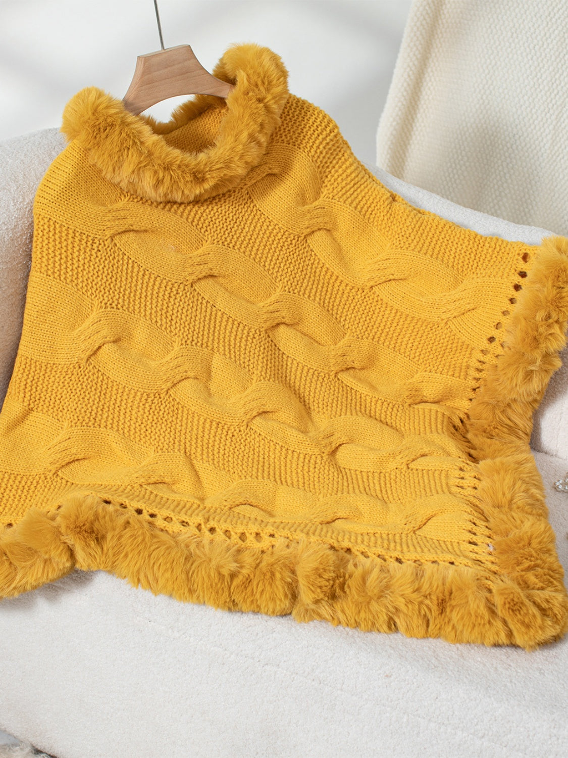 Fuzzy Hem Cable-Knit Poncho - Gold / One Size