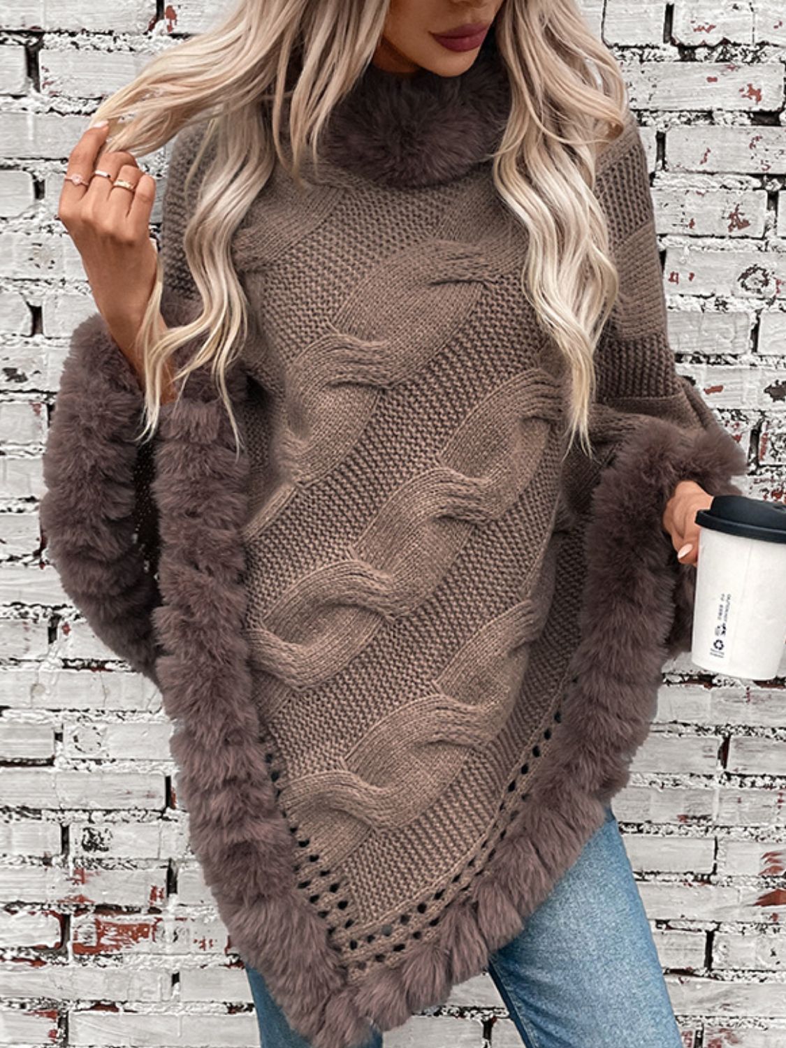 Fuzzy Hem Cable-Knit Poncho - Mocha / One Size