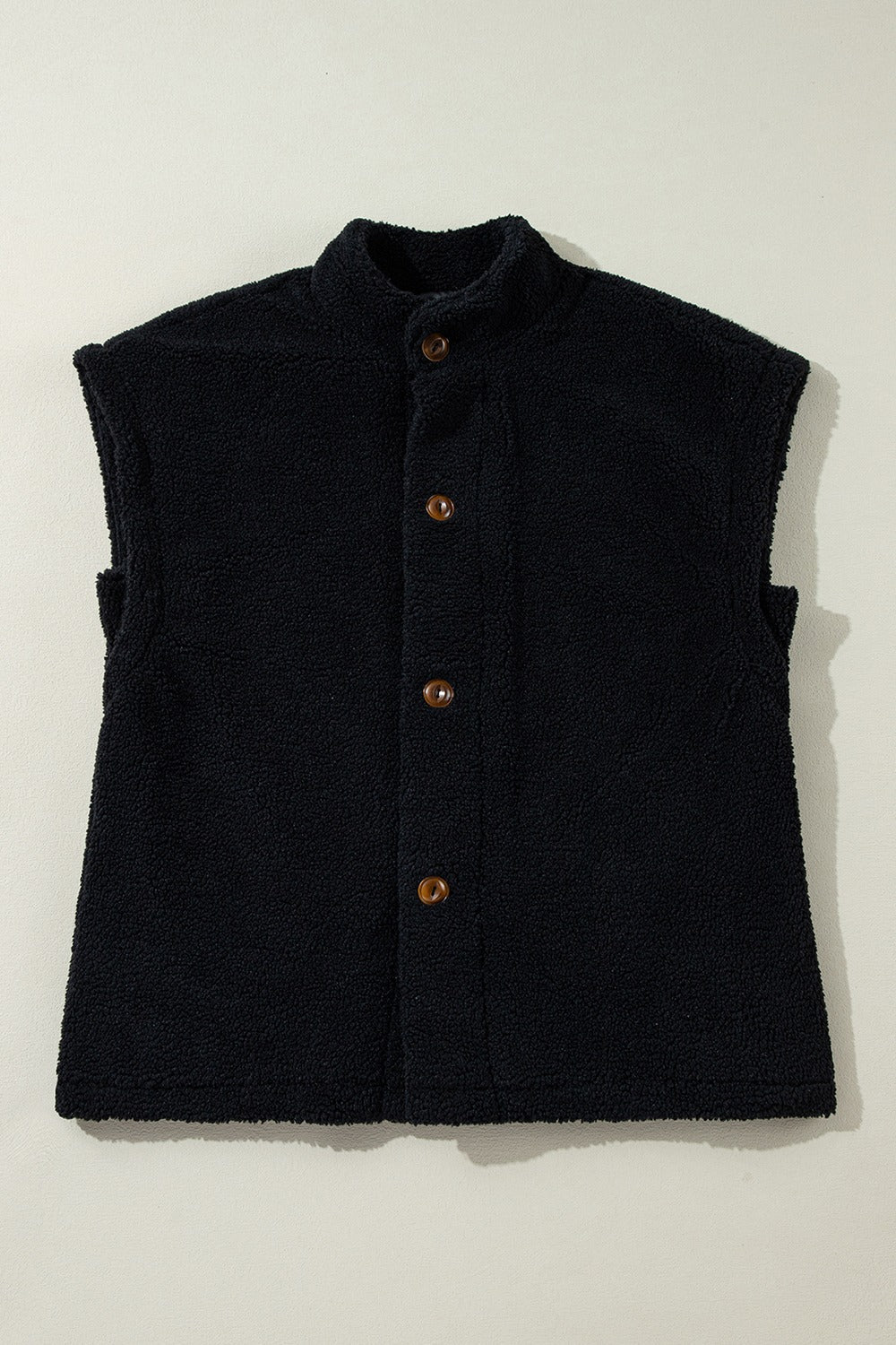 Fuzzy Mock Neck Button Up Vest Coat - Black / S