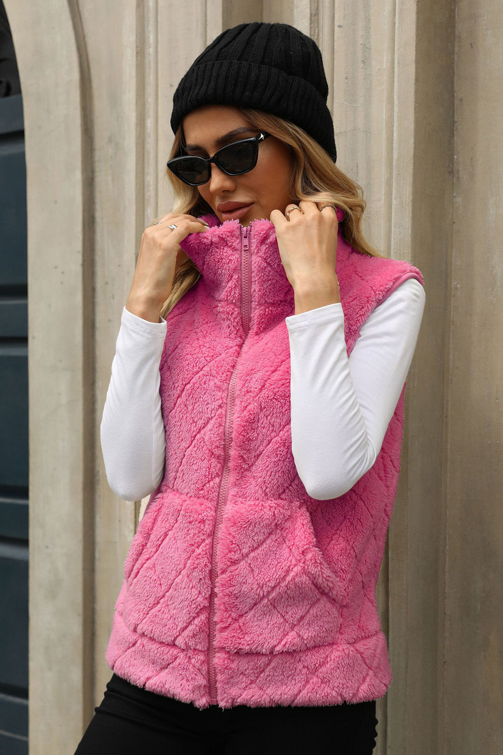 Fuzzy Plaid Texture Zip Up Vest Coat - Hot Pink / S
