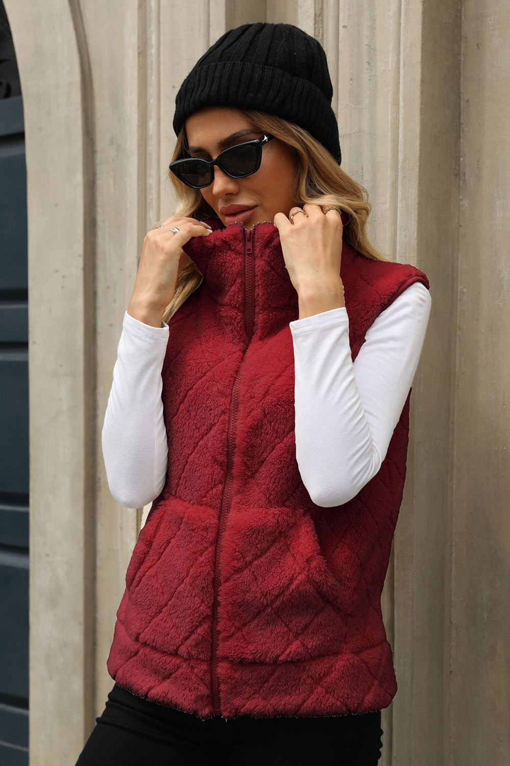 Fuzzy Plaid Texture Zip Up Vest Coat - Rust / S