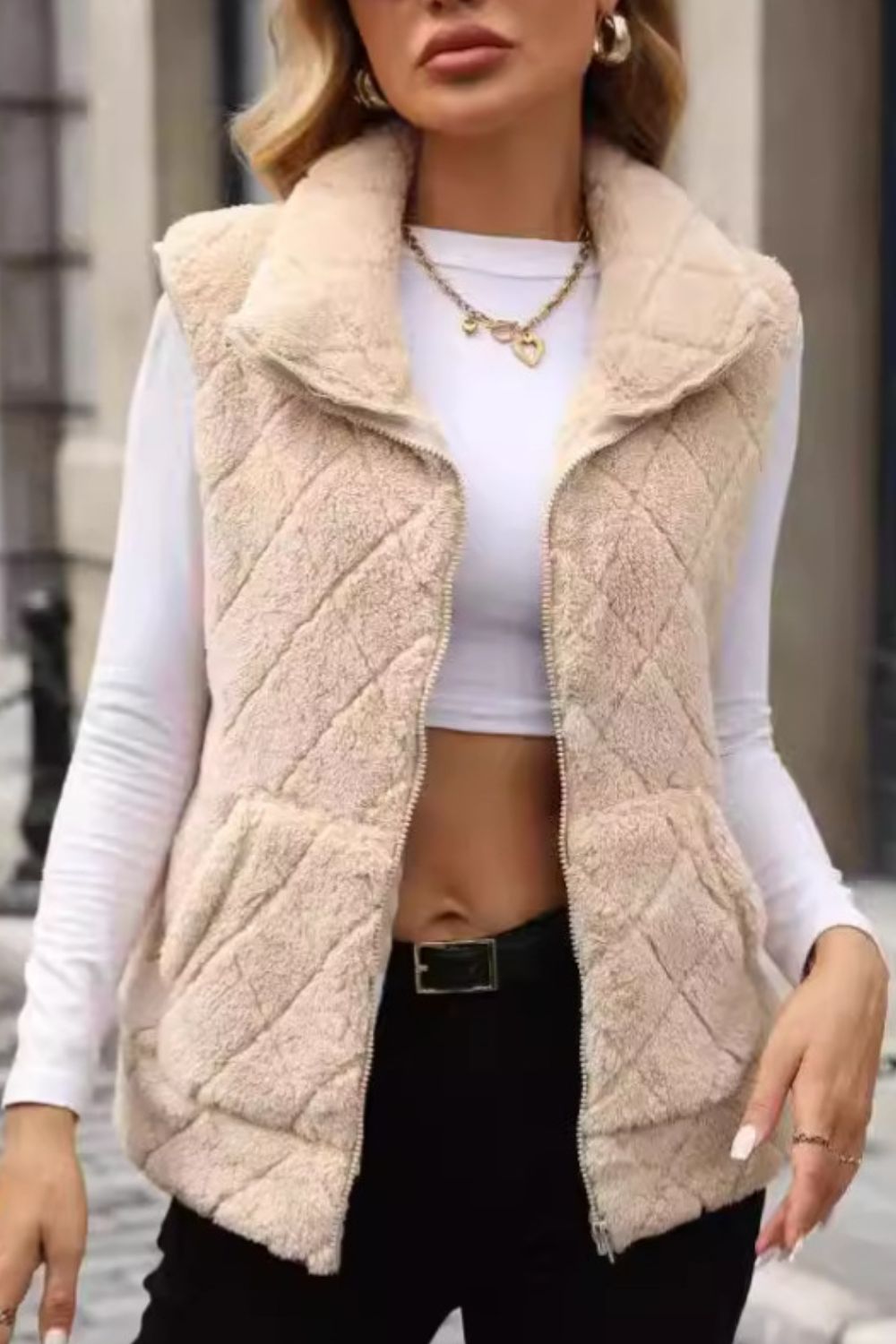 Fuzzy Plaid Texture Zip Up Vest Coat - Tan / S