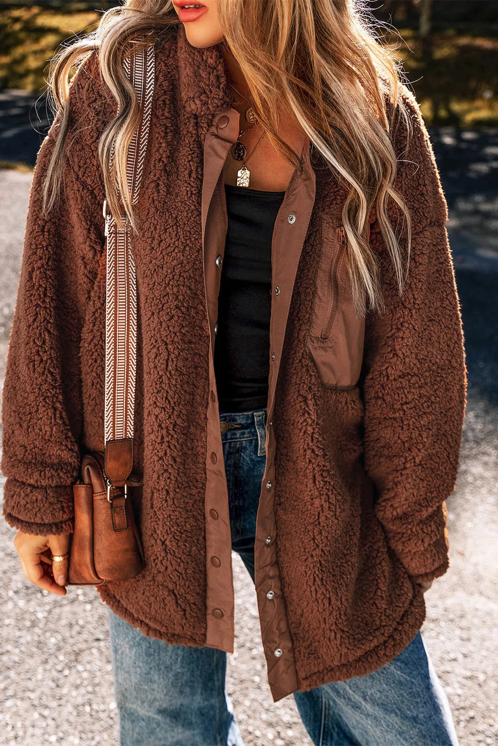 Fuzzy Snap Down Dropped Shoulder Jacket - Brown / S