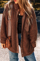 Fuzzy Snap Down Dropped Shoulder Jacket - Brown / S